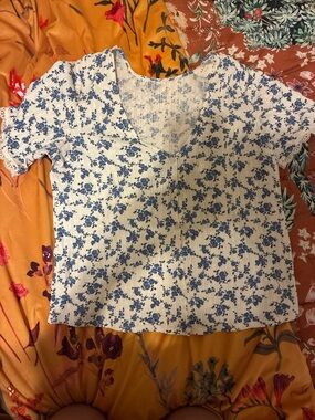 Sezane White Top with Blue Floral Print